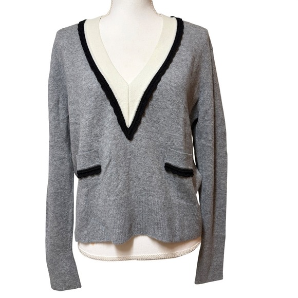 SANDRO Alisson  sz L / 3 V-Neck Sweater Wool Cashmere Grey Black White Soft - Picture 2 of 12